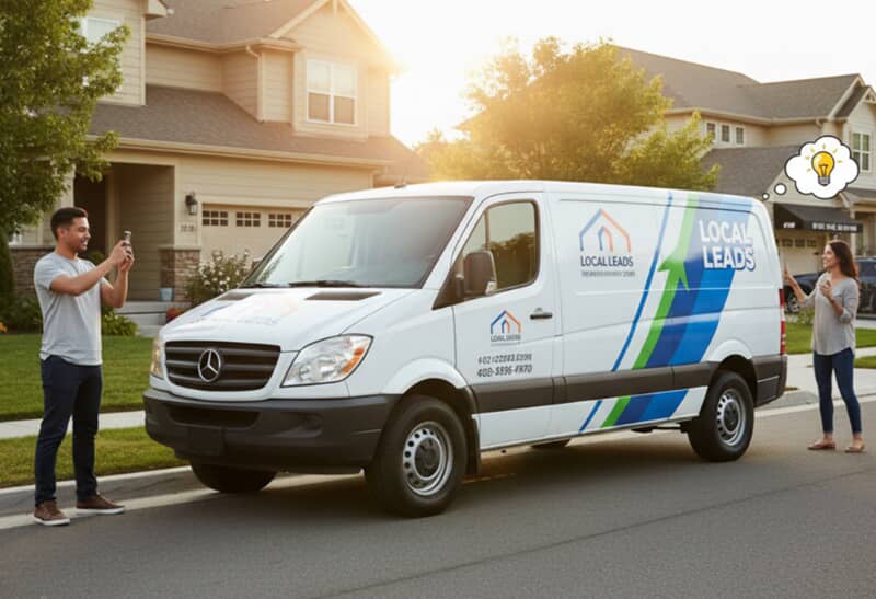 An image of two people on their phones outside of a house by a van that's wrapped with verbiage that says, "Local Leads."